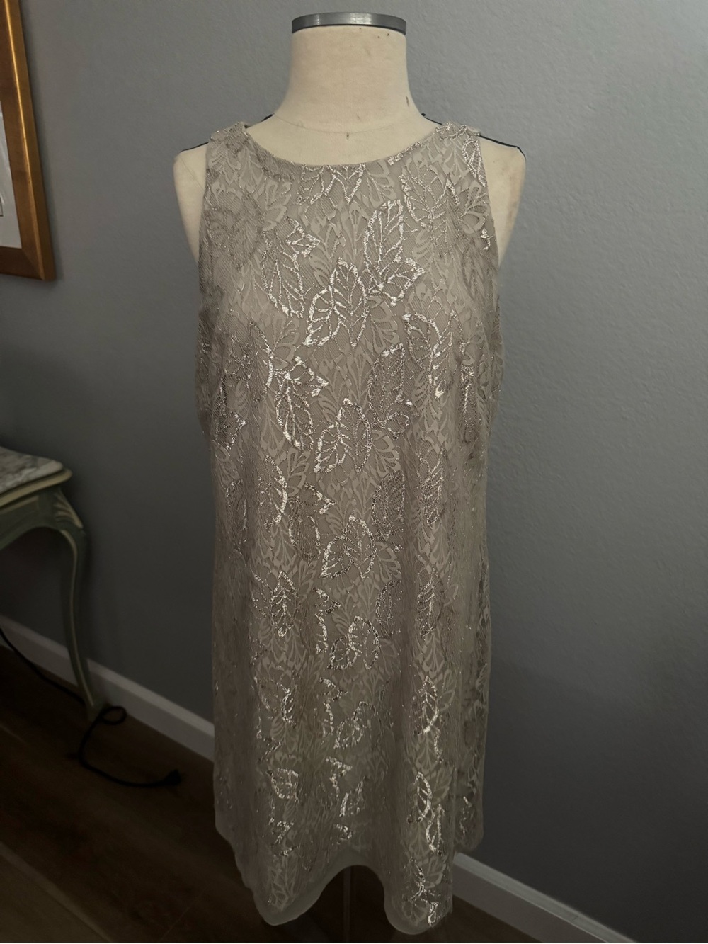 Ralph Lauren Metallic Taupe Lace Sleeveless Shift Dress